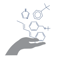 Icon of hand holding molecule structures.